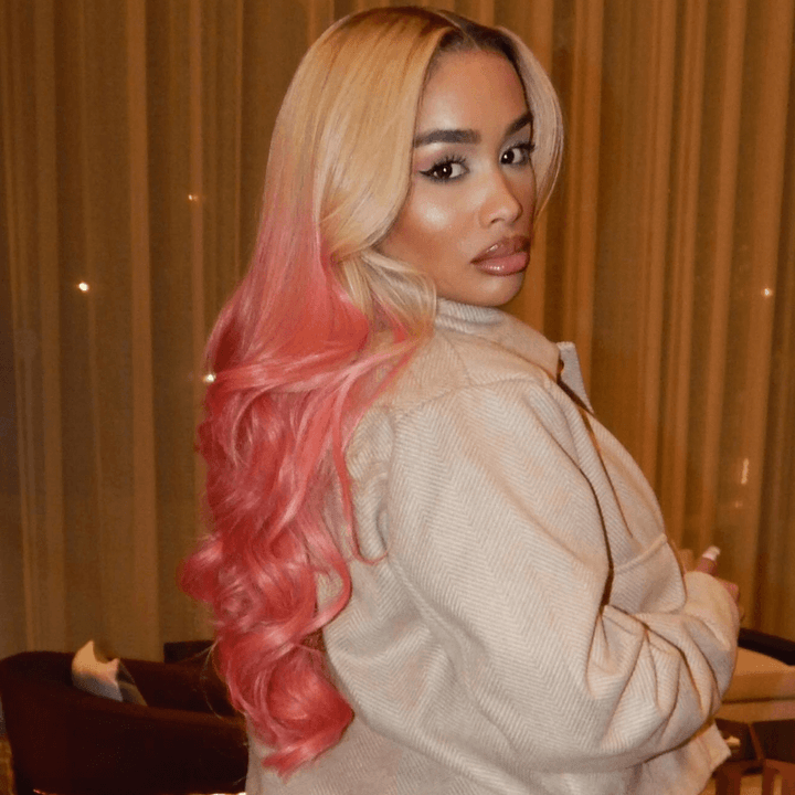SZC Ombre Blonde Pink Wig With Dark Roots 13x4 Lace Front Human Hair Wigs