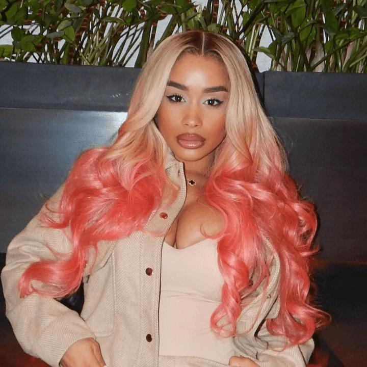 SZC Ombre Blonde Pink Wig With Dark Roots 13x4 Lace Front Human Hair Wigs