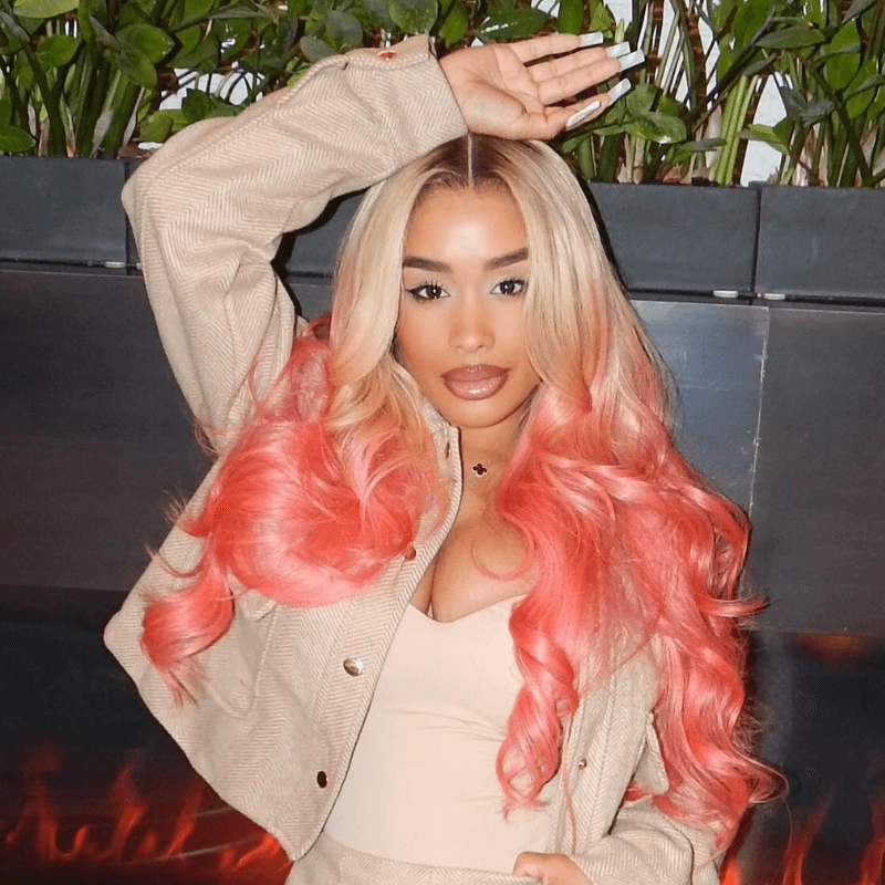 SZC Ombre Blonde Pink Wig With Dark Roots 13x4 Lace Front Human Hair Wigs