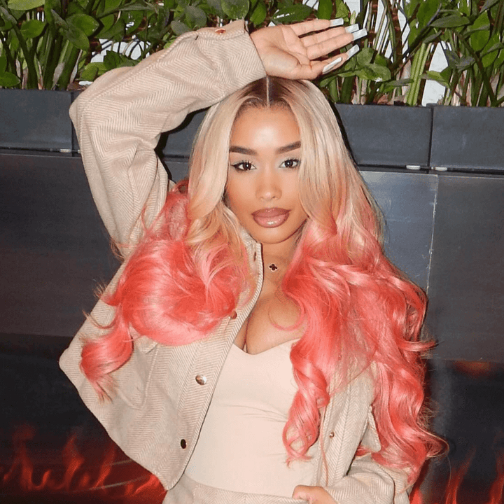 SZC Ombre Blonde Pink Wig With Dark Roots 13x4 Lace Front Human Hair Wigs