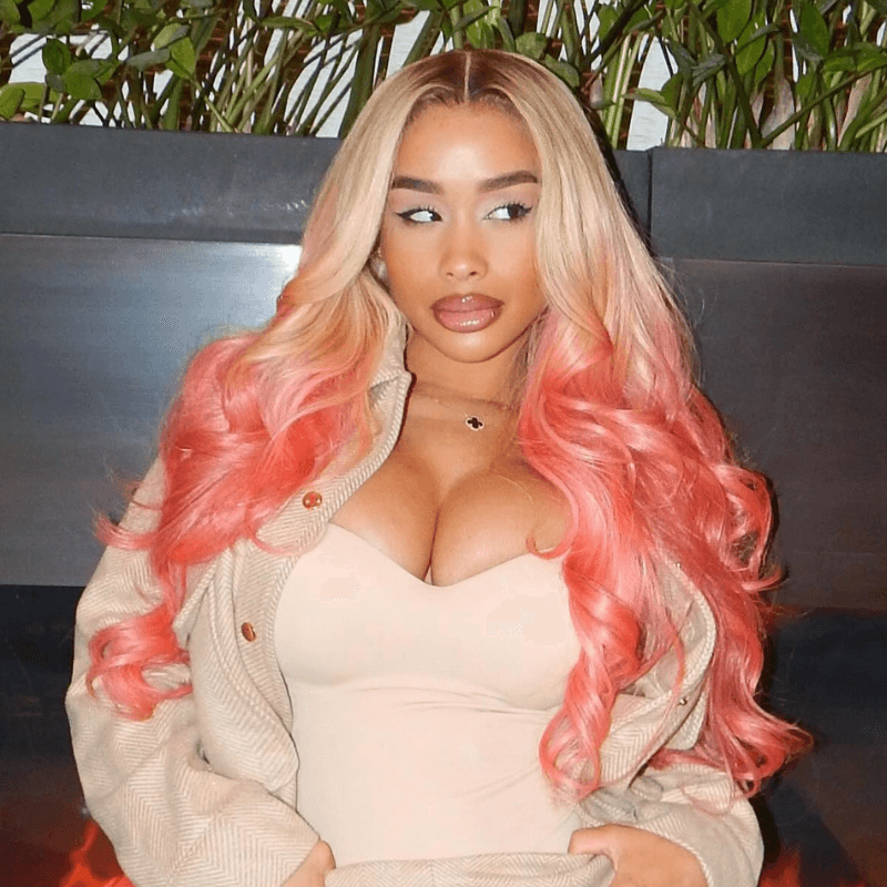 SZC Ombre Blonde Pink Wig With Dark Roots 13x4 Lace Front Human Hair Wigs