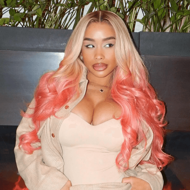 SZC Ombre Blonde Pink Wig With Dark Roots 13x4 Lace Front Human Hair Wigs