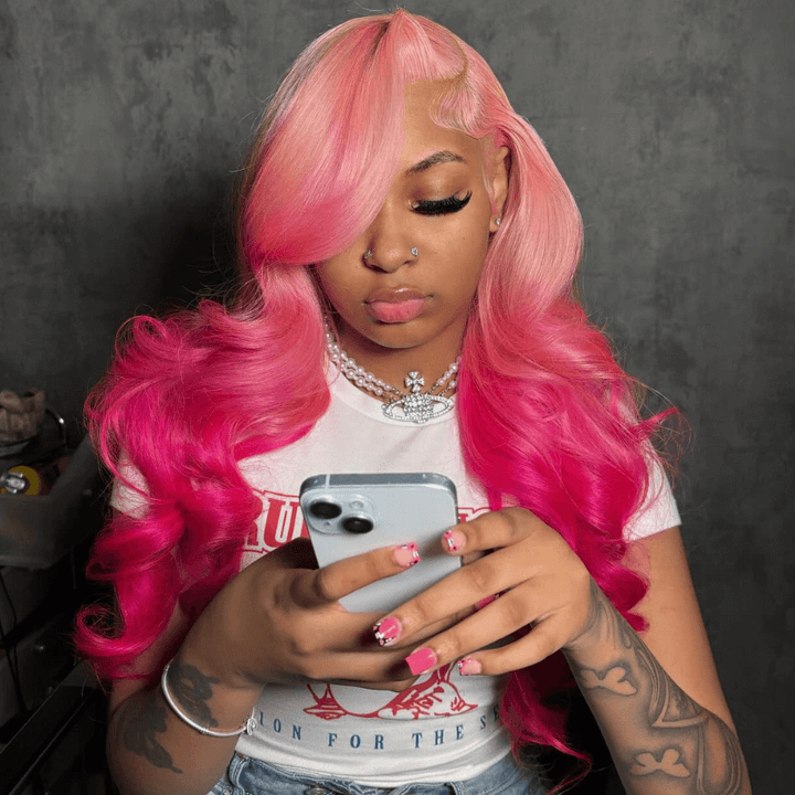 SZC Ombre Light Dark Pink Red Color Transparent Lace Front Human Hair Wigs