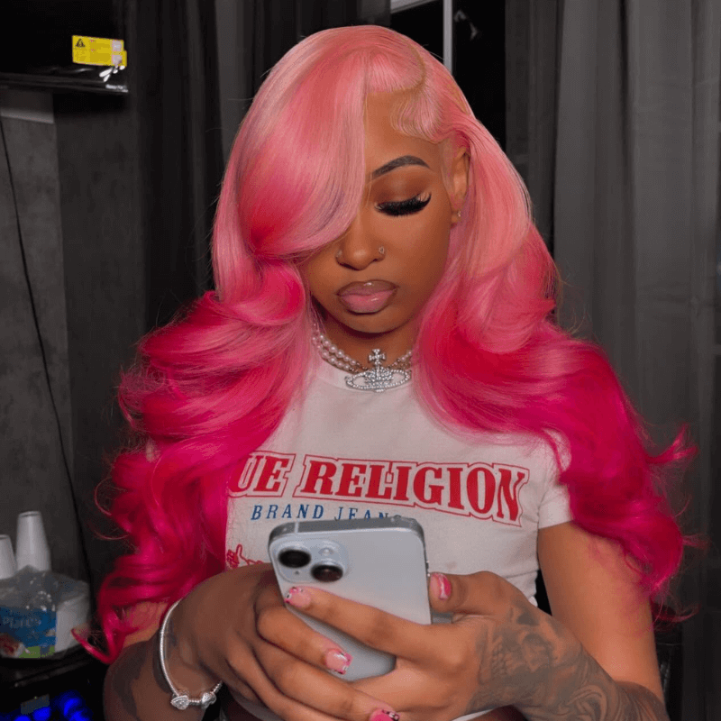 SZC Ombre Light Dark Pink Red Color Transparent Lace Front Human Hair Wigs