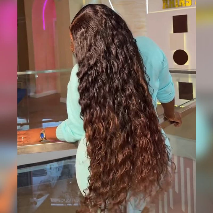 SZC Ombre Black Brown Beach Water Wave 13X4 Lace Front Human Hair Wigs 250 300 Density