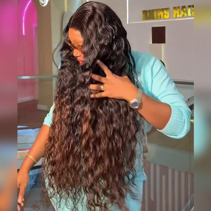 SZC Ombre Black Brown Beach Water Wave 13X4 Lace Front Human Hair Wigs 250 300 Density