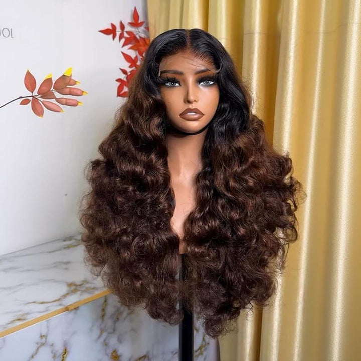 SZC Ombre Black Brown Bouncy Loose Wave 300 Density 13x4 Lace Front Human Hair Wigs