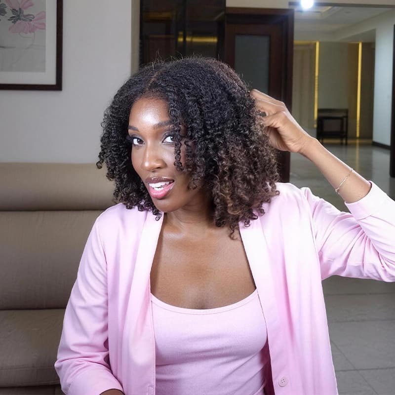 SZC Ombre Black Brown Fluffy Kinky Curly Coils Short Bob 13x4 Lace Frontal Human Hair Wigs