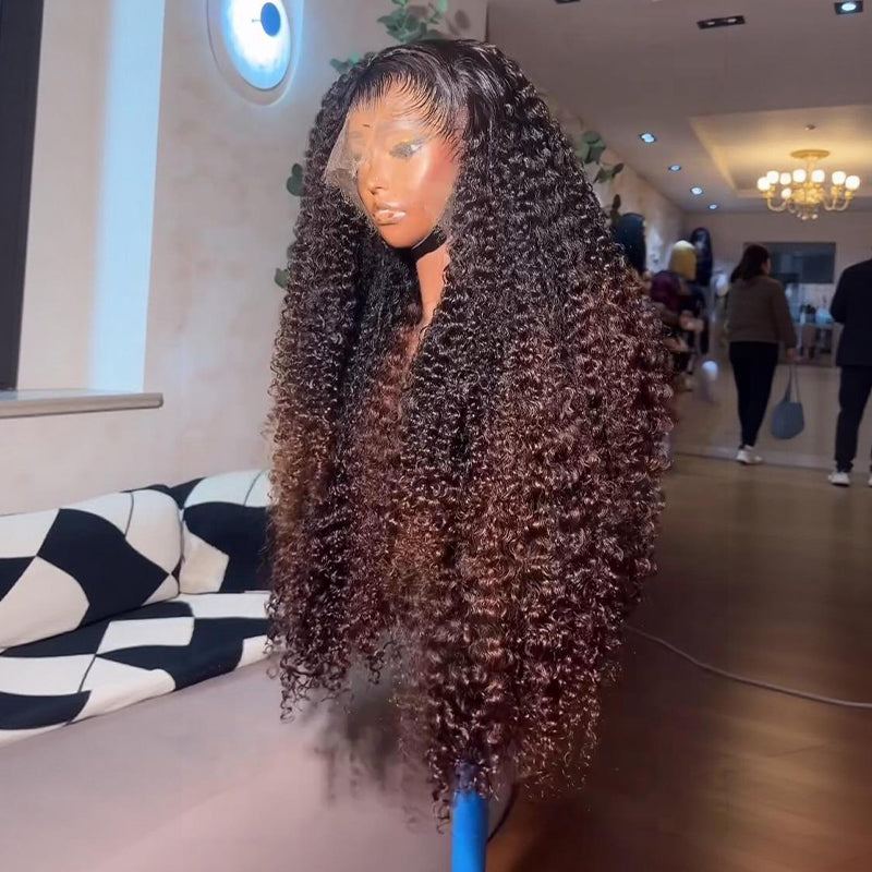 SZC Ombre Black Brown Kinky Curly 13x4 Lace Front Human Hair Wigs