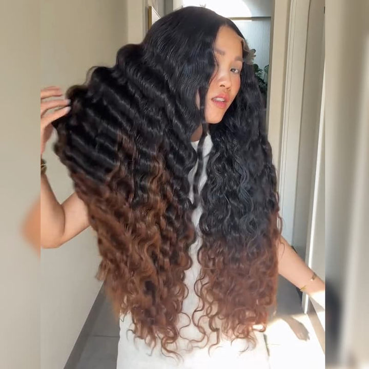 SZC Ombre Black Brown Loose Deep Wave 300 Density 13x4 Lace Front Human Hair Wig