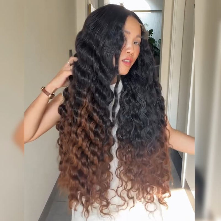 SZC Ombre Black Brown Loose Deep Wave 300 Density 13x4 Lace Front Human Hair Wig