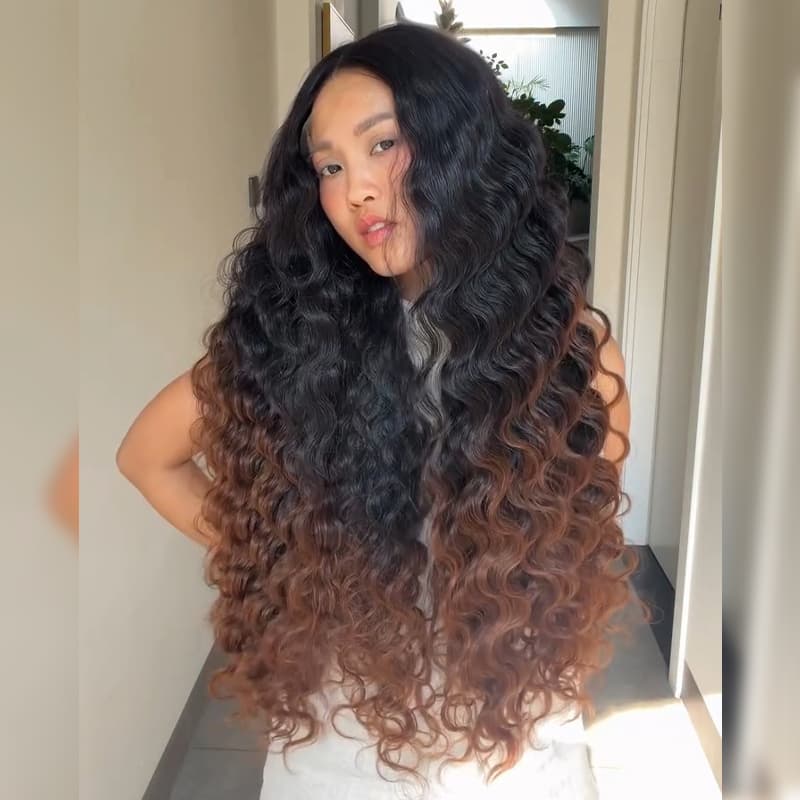 SZC Ombre Black Brown Loose Deep Wave 300 Density 13x4 Lace Front Human Hair Wig