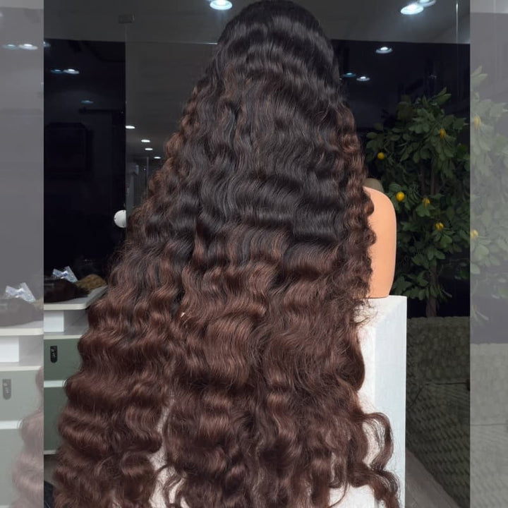 SZC Ombre Black Brown Loose Deep Wave Curls 300 Density 13x4 Lace Front Human Hair Wigs