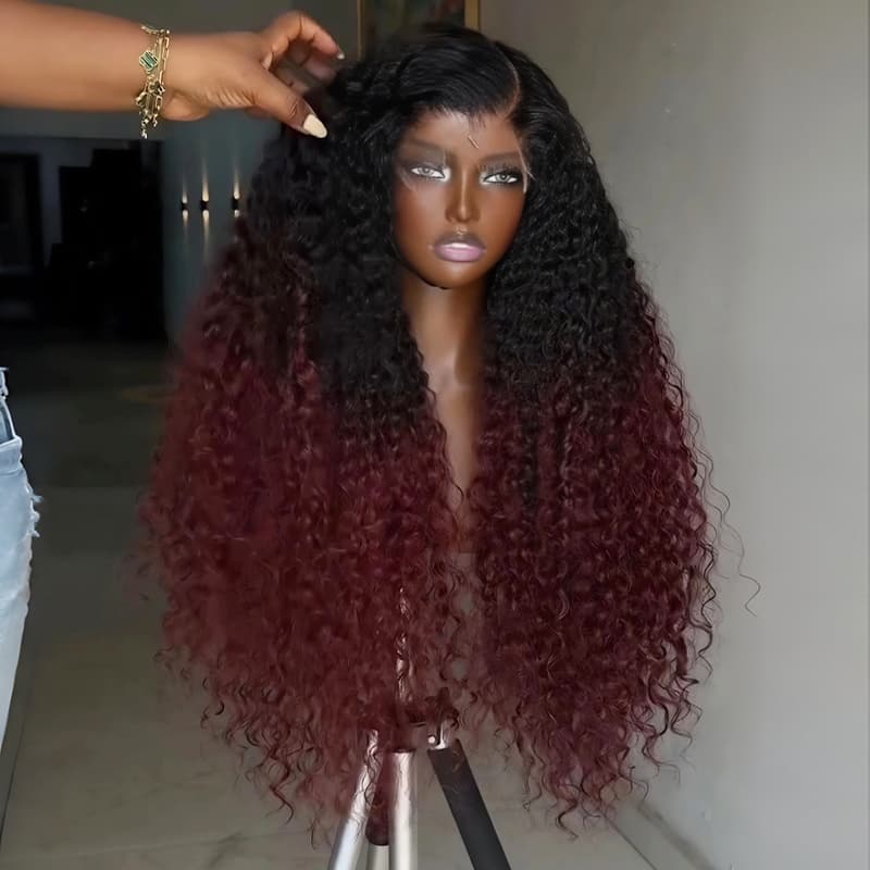 SZC Ombre Black Burgundy Red Kinky Curly 250 300 Density 13x4 Lace Front Human Hair Wig