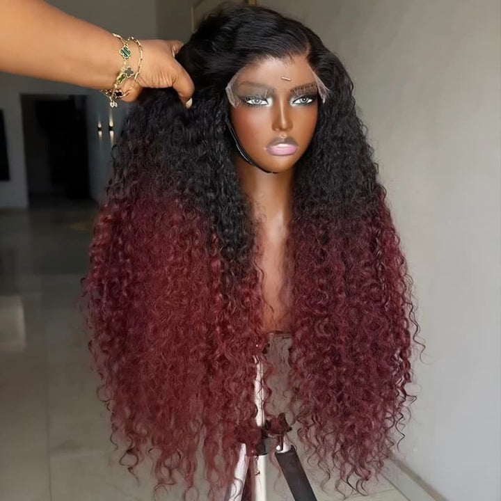 SZC Ombre Black Burgundy Red Kinky Curly 250 300 Density 13x4 Lace Front Human Hair Wig
