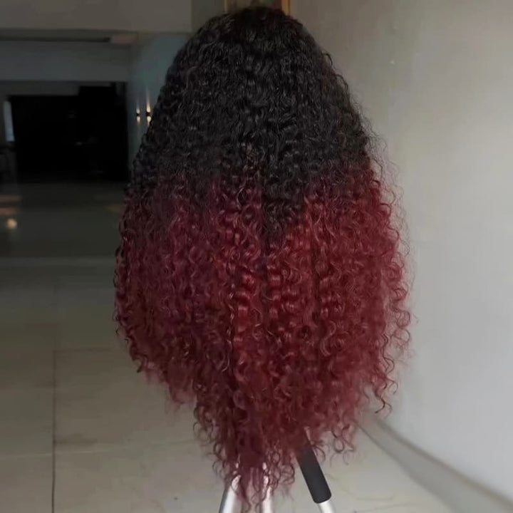 SZC Ombre Black Burgundy Red Kinky Curly 250 300 Density 13x4 Lace Front Human Hair Wig