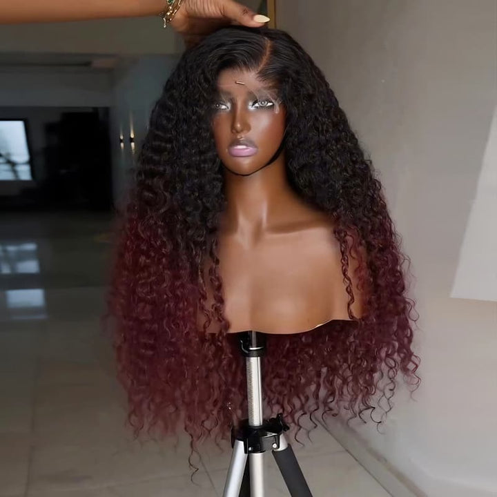 SZC Ombre Black Burgundy Red Kinky Curly 250 300 Density 13x4 Lace Front Human Hair Wig