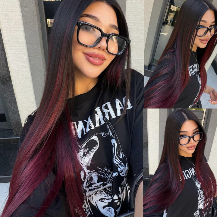 SZC Ombre Black Burgundy Red Student Affordable Back to School Graduation College Girl 13x4 Lace Front Human Hair Wig