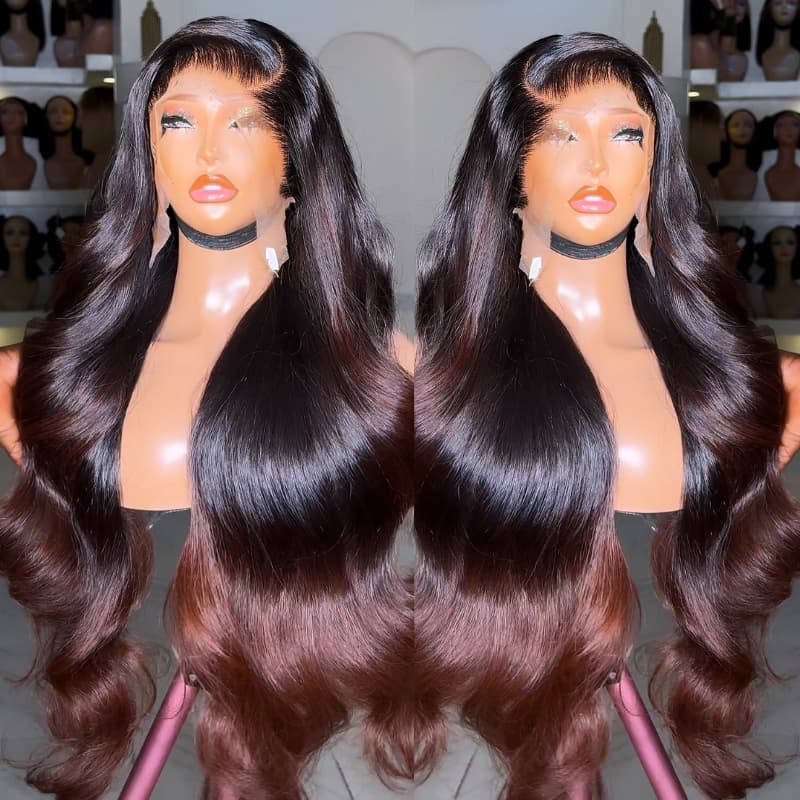 SZC Ombre Black Chestnut Chocolate Brown Wavy 13X4 Lace Front Human Hair Wigs 250 300 Density
