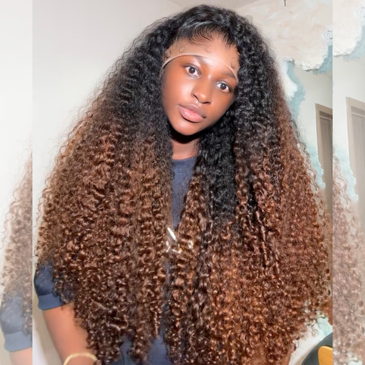 SZC Ombre Black Chocolate Brown Deep Spiral Kinky Curly 13x4 Lace Front Human Hair Wigs
