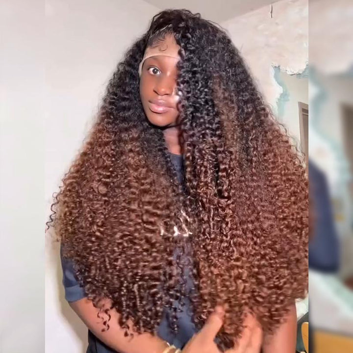 SZC Ombre Black Chocolate Brown Deep Spiral Kinky Curly 13x4 Lace Front Human Hair Wigs