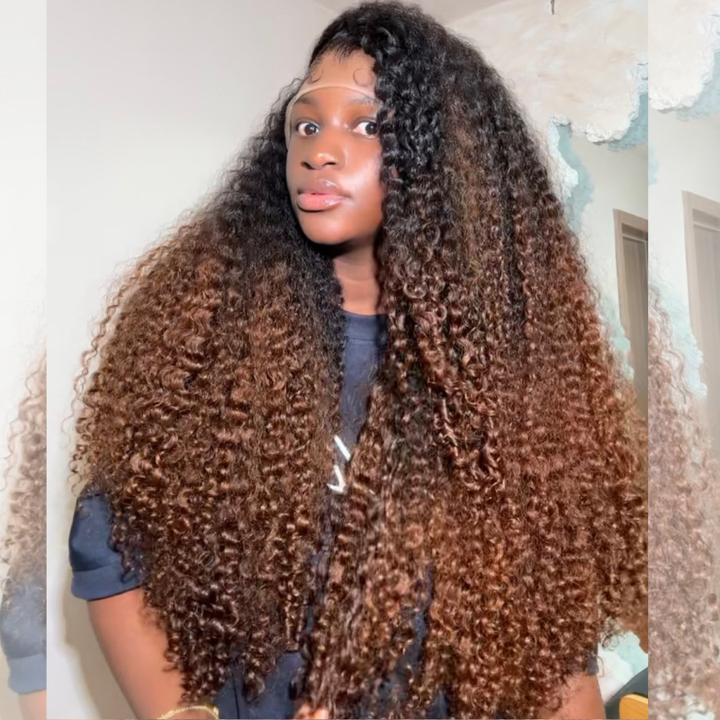 SZC Ombre Black Chocolate Brown Deep Spiral Kinky Curly 13x4 Lace Front Human Hair Wigs