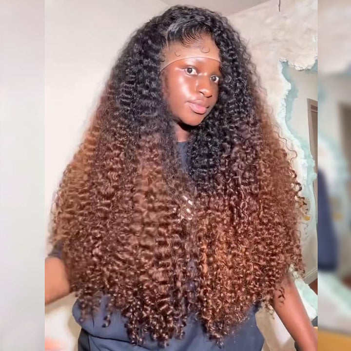 SZC Ombre Black Chocolate Brown Deep Spiral Kinky Curly 13x4 Lace Front Human Hair Wigs