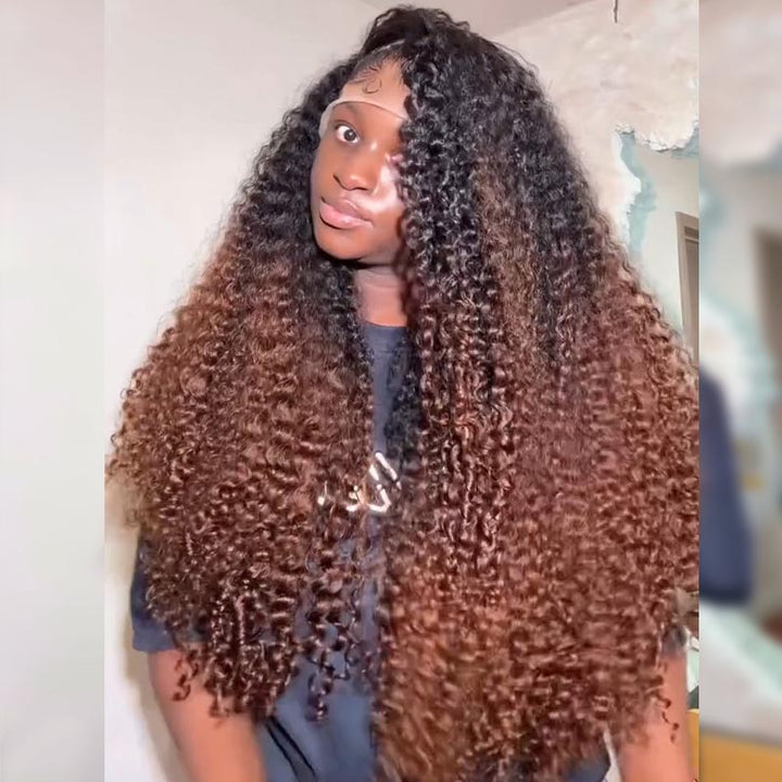 SZC Ombre Black Chocolate Brown Deep Spiral Kinky Curly 13x4 Lace Front Human Hair Wigs