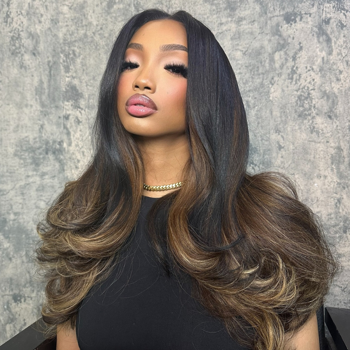SZC Ombre Black Chocolate Brown Highlights 13x4 Lace Front Human Hair Wigs 200 Density