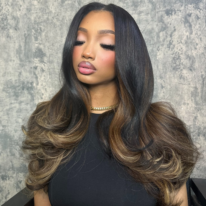 SZC Ombre Black Chocolate Brown Highlights 13x4 Lace Front Human Hair Wigs 200 Density