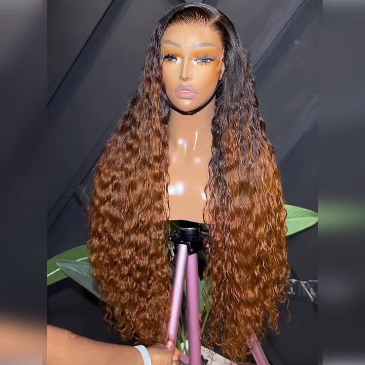 SZC Ombre Black Chocolate Brown Water Wave 300 Density 13x4 Lace Front Human Hair Wigs