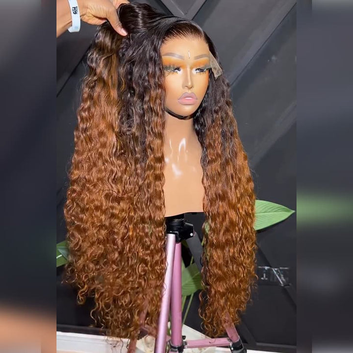 SZC Ombre Black Chocolate Brown Water Wave 300 Density 13x4 Lace Front Human Hair Wigs