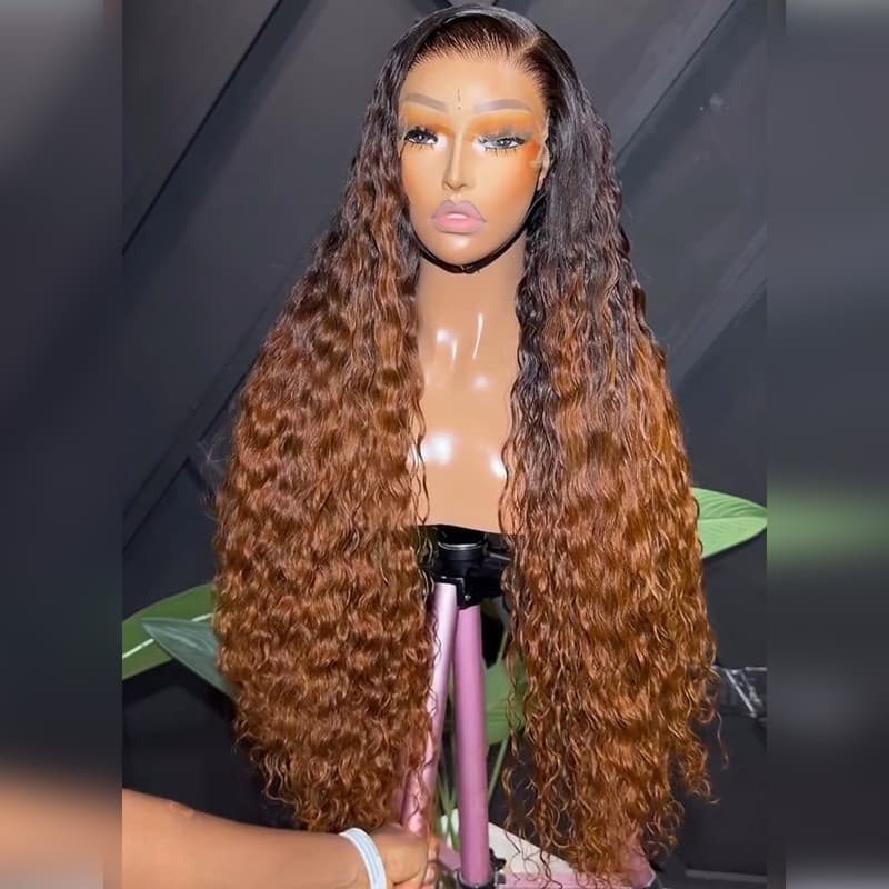 SZC Ombre Black Chocolate Brown Water Wave 300 Density 13x4 Lace Front Human Hair Wigs