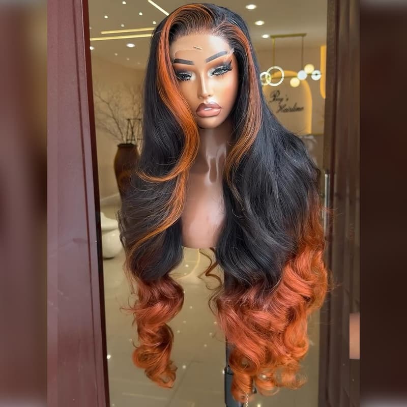 SZC Ombre Black Copper Orange Skunk Stripe Straight Wavy 300 Density 13x4 Lace Front Human Hair Wigs