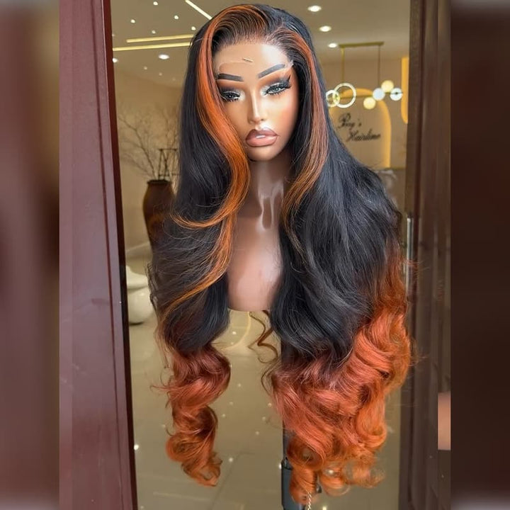 SZC Ombre Black Copper Orange Skunk Stripe Straight Wavy 300 Density 13x4 Lace Front Human Hair Wigs
