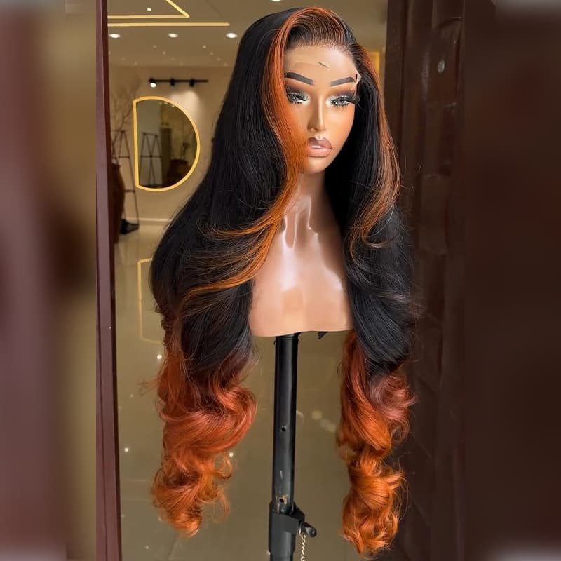SZC Ombre Black Copper Orange Skunk Stripe Straight Wavy 300 Density 13x4 Lace Front Human Hair Wigs