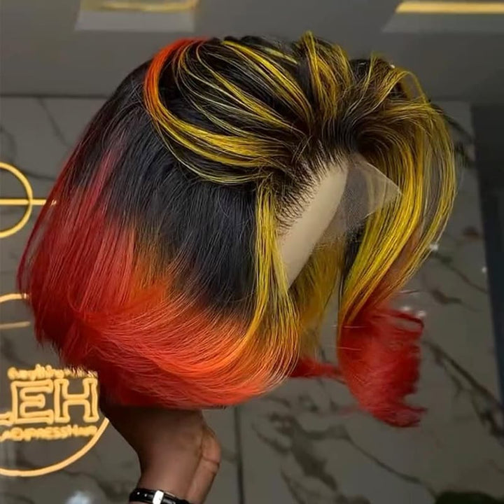 SZC Ombre Black Copper Red With Yellow Highlights 8 10 12 inch Short Bob 13x4 Lace Front Human Hair Wig