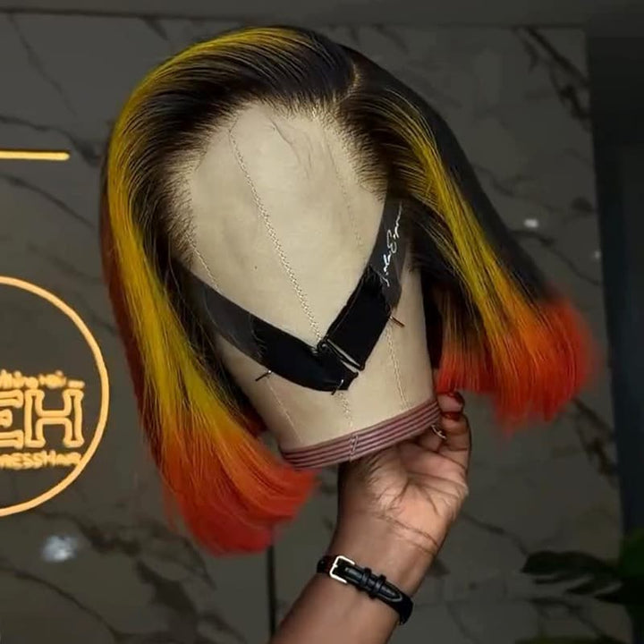 SZC Ombre Black Copper Red With Yellow Highlights 8 10 12 inch Short Bob 13x4 Lace Front Human Hair Wig