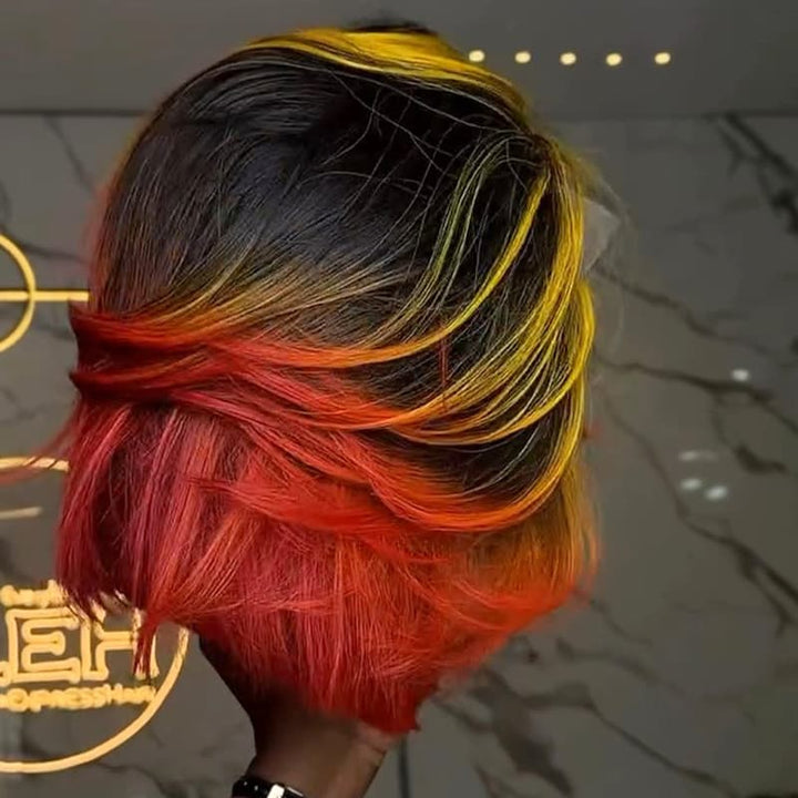 SZC Ombre Black Copper Red With Yellow Highlights 8 10 12 inch Short Bob 13x4 Lace Front Human Hair Wig