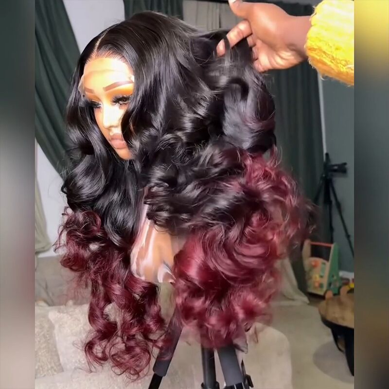 SZC Ombre Black Deep Burgundy Red Voluminous Soft Big Bouncy Loose Body Wave Curls 300 Density 13x4 Lace Front Human Hair Wig