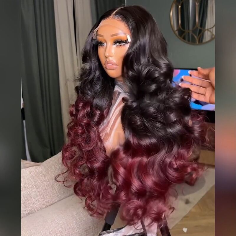 SZC Ombre Black Deep Burgundy Red Voluminous Soft Big Bouncy Loose Body Wave Curls 300 Density 13x4 Lace Front Human Hair Wig