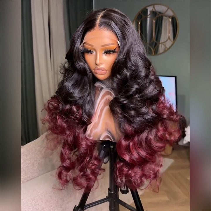 SZC Ombre Black Deep Burgundy Red Voluminous Soft Big Bouncy Loose Body Wave Curls 300 Density 13x4 Lace Front Human Hair Wig