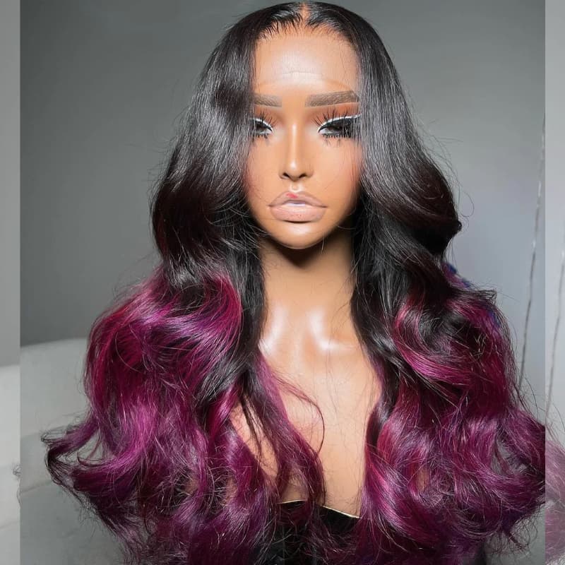 SZC Ombre Black Purple 13x4 Lace Front Human Hair Wigs 200 Density
