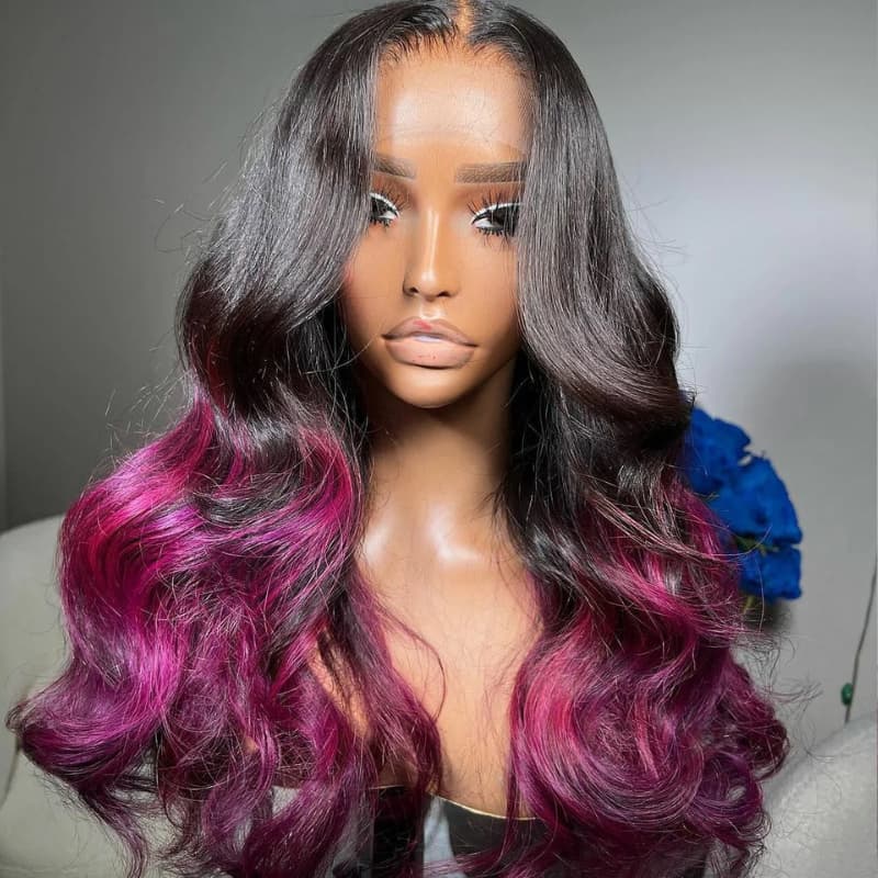 SZC Ombre Black Purple 13x4 Lace Front Human Hair Wigs 200 Density