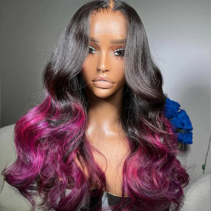 SZC Ombre Black Purple 13x4 Lace Front Human Hair Wigs 200 Density