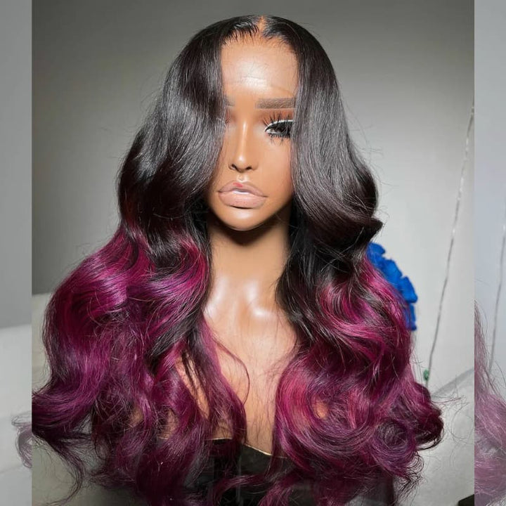 SZC Ombre Black Purple 13x4 Lace Front Human Hair Wigs 200 Density