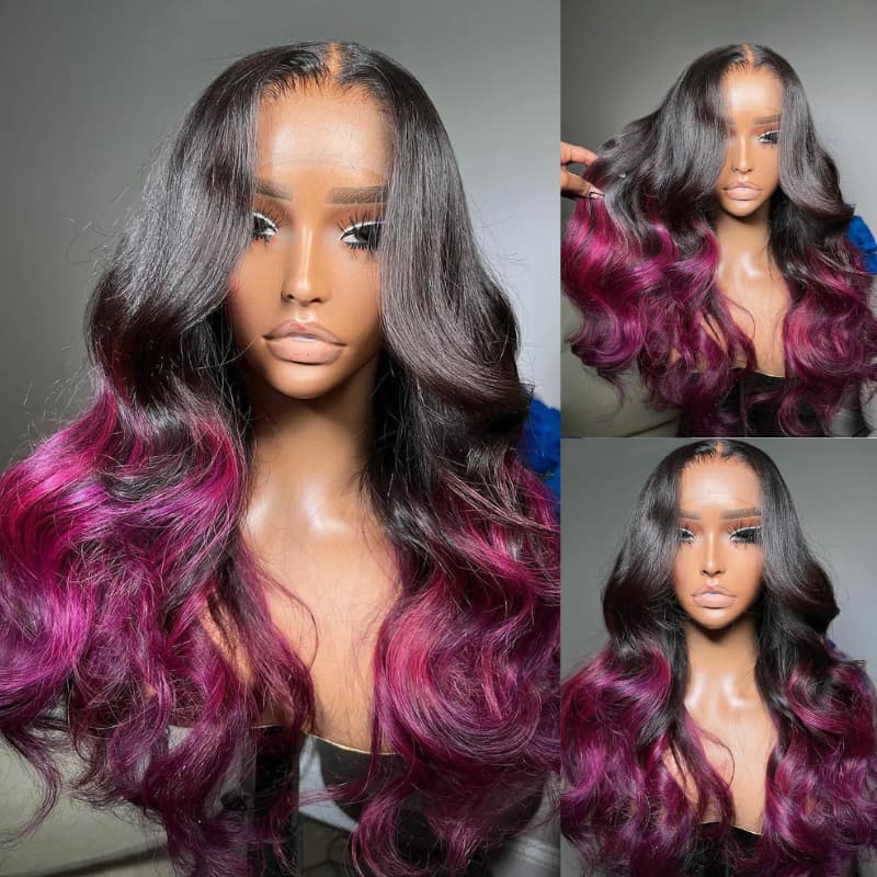 SZC Ombre Black Purple 13x4 Lace Front Human Hair Wigs 200 Density