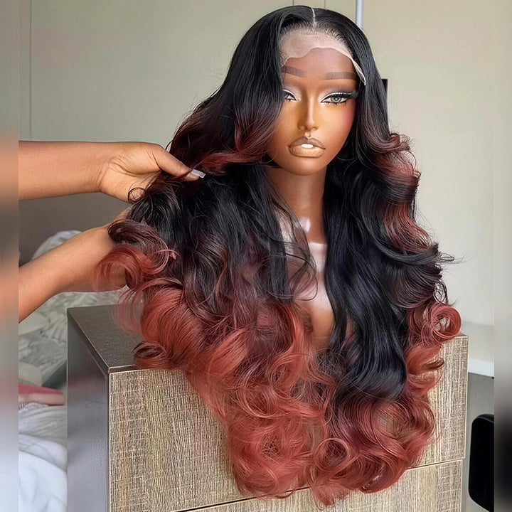 SZC Ombre Black Rose Copper Red 250 300 Density 13x4 Lace Front Human Hair Wig