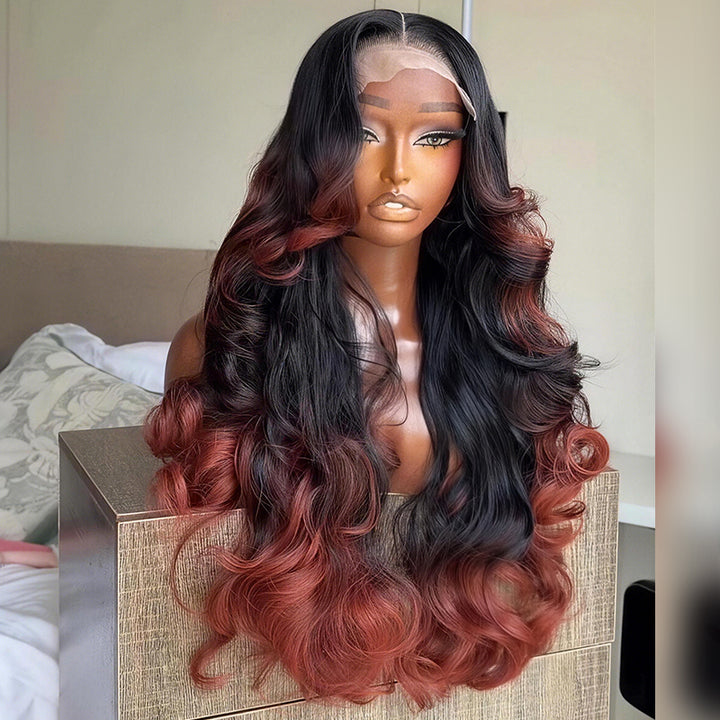 SZC Ombre Black Rose Copper Red 250 300 Density 13x4 Lace Front Human Hair Wig