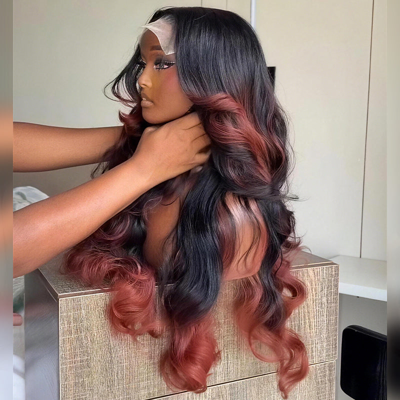 SZC Ombre Black Rose Copper Red 250 300 Density 13x4 Lace Front Human Hair Wig